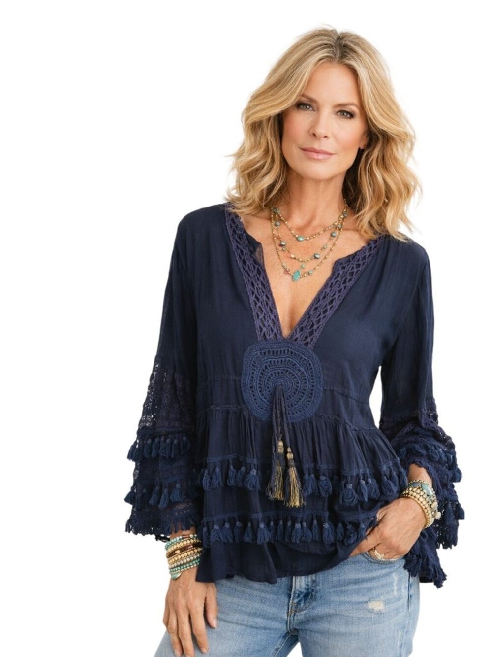 Bohemian Chic Laraethnics Black Cotton Tassel Crochet Top Blouse S/M Sustainable